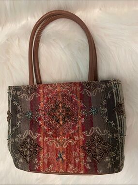 Americana by Sharif - Beaded Embellished Tapestry Handbag in Green Brown Rust.